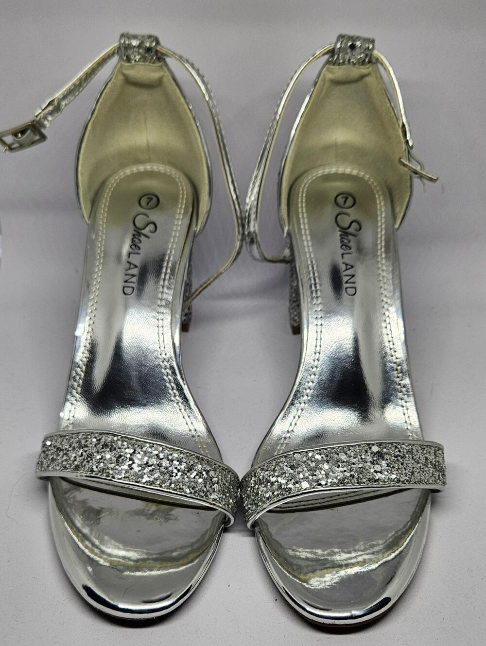 Silver Glitter Ankle-Strap Women's Heels Sz. 7